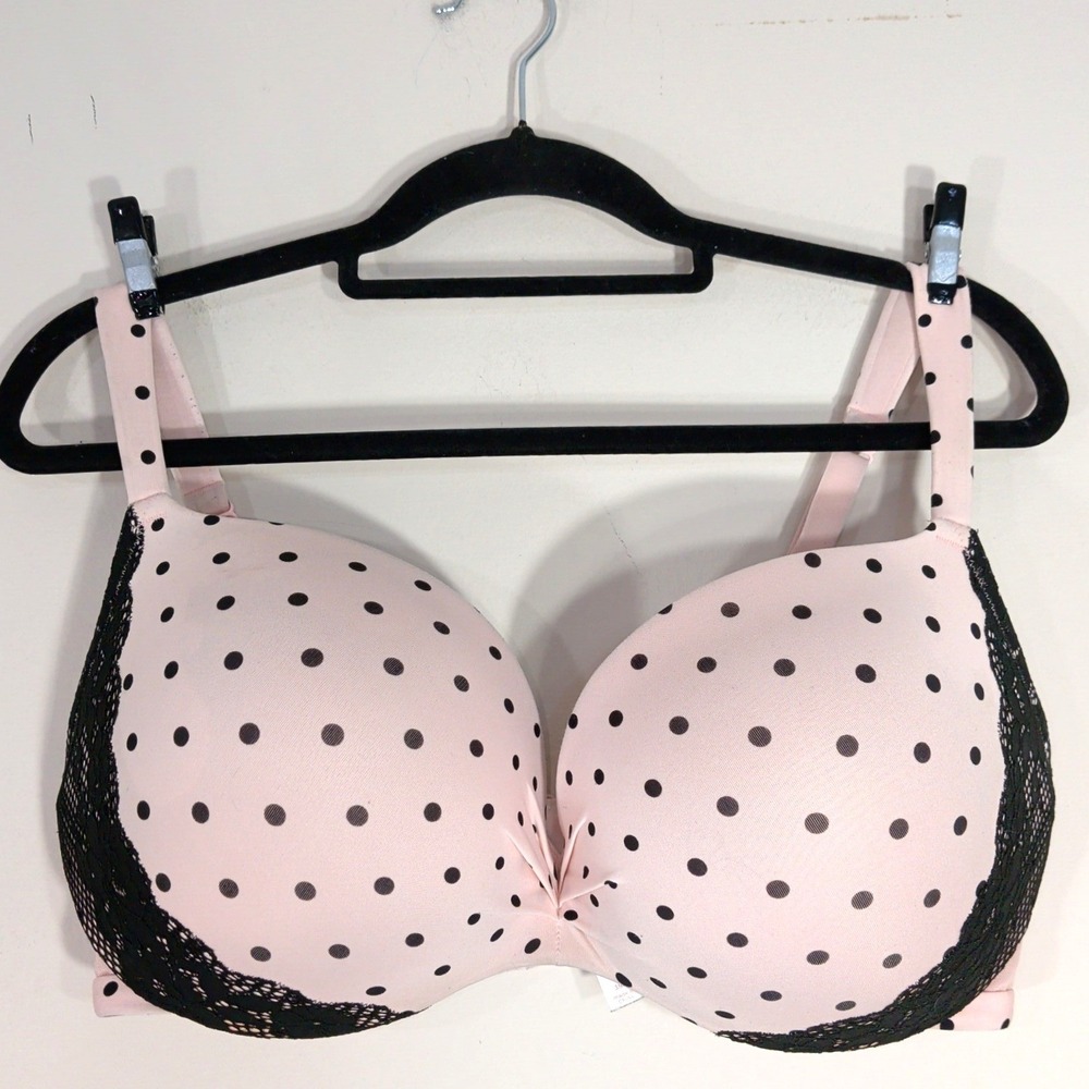 Cacique Pink Polka Dot Bra; Max Swell Plunge Padded Underwire 38G